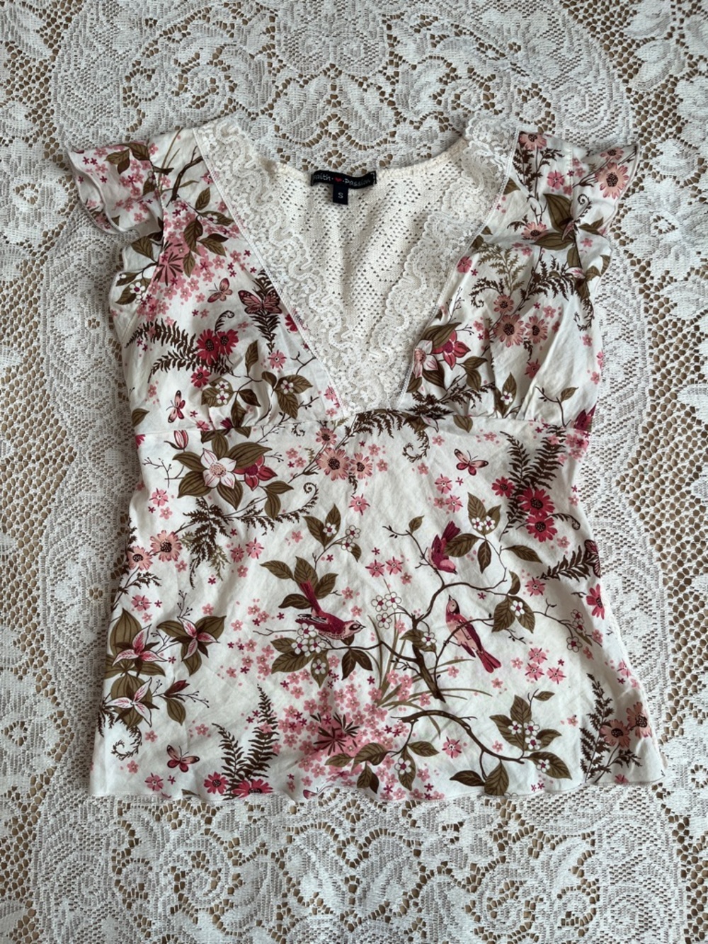 Faith Passion Floral V-Neck Tie Back Top, Pink & Ivory, Size S